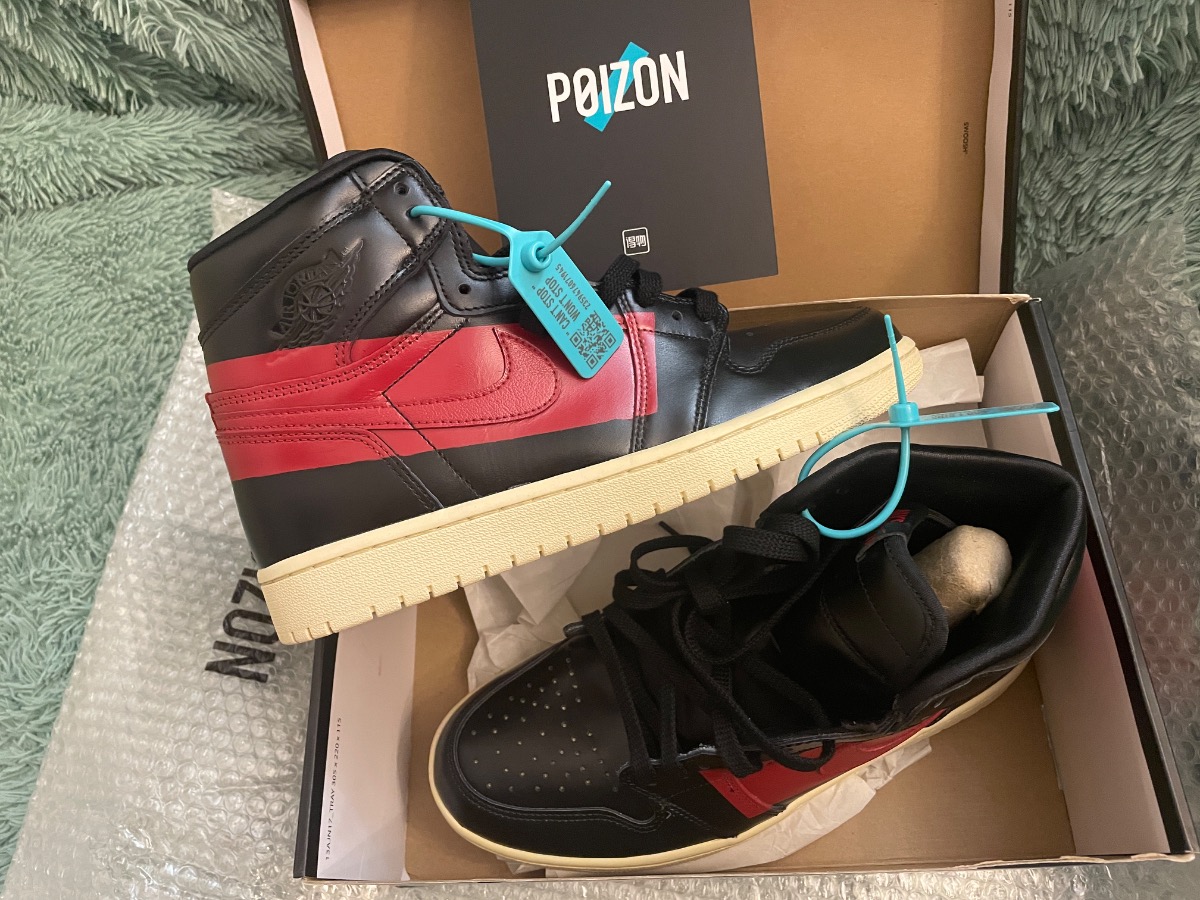 custom review-Jordan Air Jordan 1 Defiant 'Couture' Banned Theme High Топ Винтажные баскетбольные кроссовки Мужской Красный черный Выпуск 2019 года