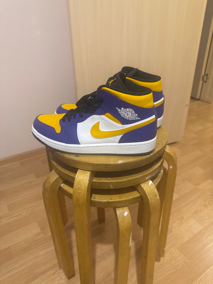 custom review-Jordan Air Jordan 1 MID 'Лейкерс' MID Топ Винтажные баскетбольные кроссовки Мужской Фиолетовый Желтый Белый
