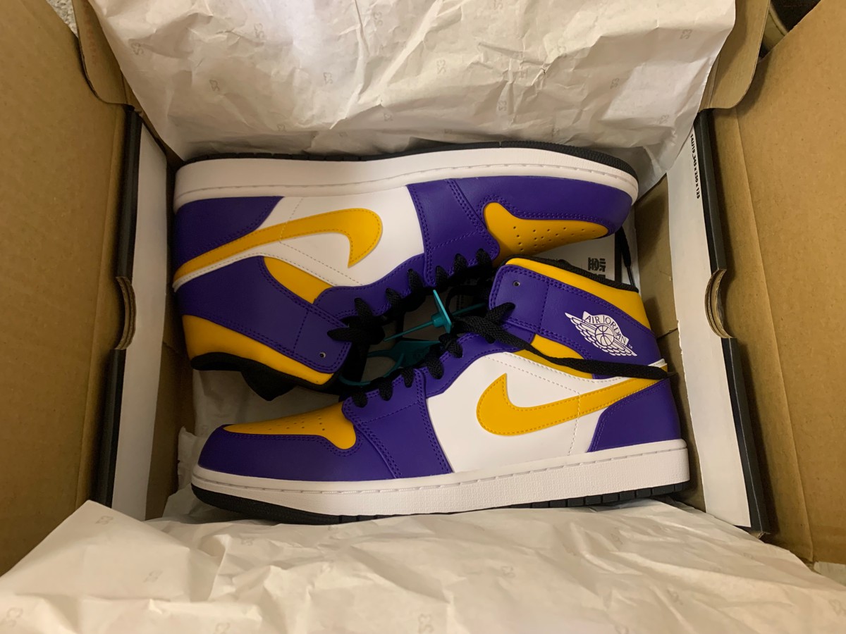 custom review-Jordan Air Jordan 1 MID 'Лейкерс' MID Топ Винтажные баскетбольные кроссовки Мужской Фиолетовый Желтый Белый