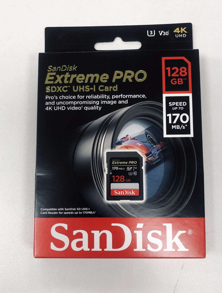 Карта памяти sandisk sdxc extreme pro class 10 uhs i u3 170 90mb s 128gb