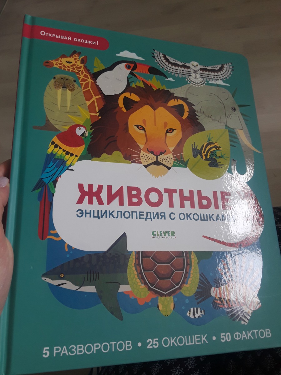 Взяли уже вторую книгу в серии. Они очень классные и за эту цену сделаны на совесть! В этом мне даже больше нравятся картинки. Все животные реалистичные, яркие. Много фигурных окошек: куст, крыло бабочки, пасть бегемота... картонные страницы очень приятные на ощупь, все окошки хорошо про резаны, при открывании остается ровный край. Племяннику интересно, с восторгом взял книгу,сразу открыл.