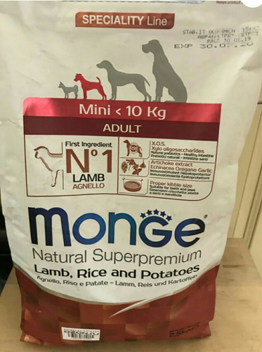 Сухой корм Monge Dog Speciality Mini для собак, ягненок/рис/картофель, 2.5 кг. Корм для собак Monge Mini Adult 800g Lamb with Rice and Potatoes. Монж мини 2/5 ягненок. Монж для собак мелких пород с ягнёнком 2,5кг. Корм для собак monge dog speciality